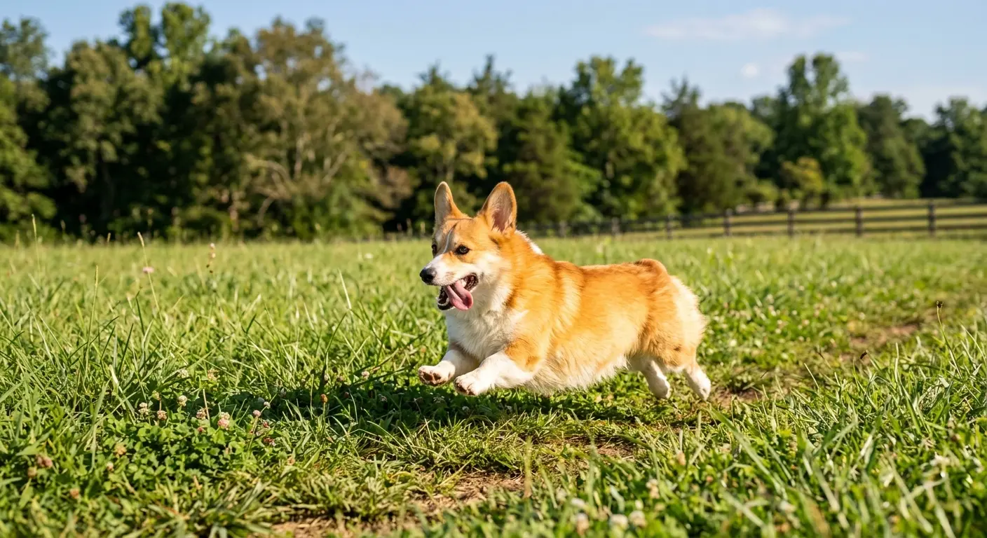 A happy Corgi running energetically through a grassy field with its tongue out, surrounded by lush greenery and a clear blue sky.